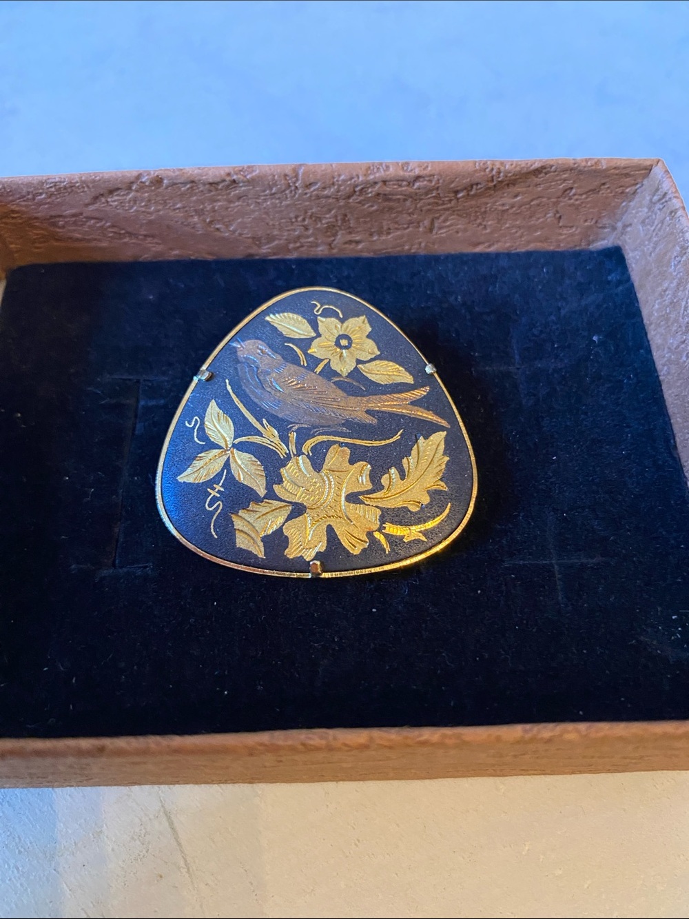 Vintage Spanish Toledo Damascene 24k gold inlay Brooch Bird & floral